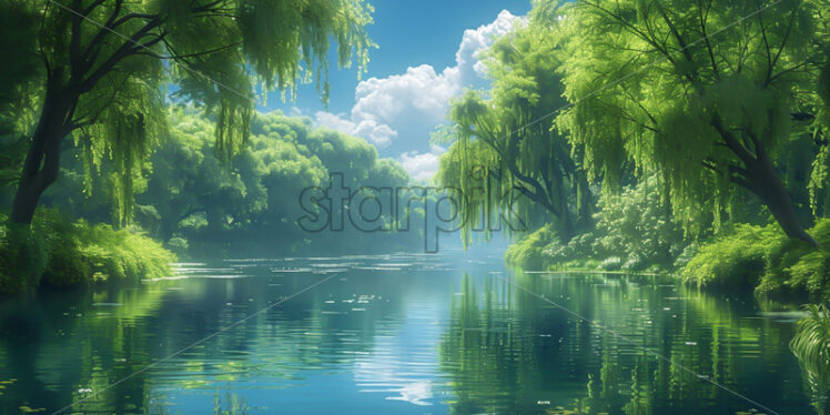 Willows on a lake in the morning - Starpik Stock