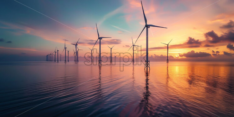 Wind turbines in the bay of an ocean - Starpik Stock