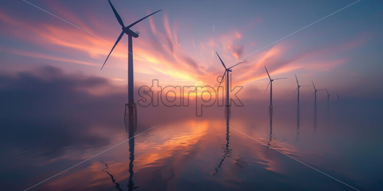 Wind turbines in the bay of an ocean - Starpik Stock