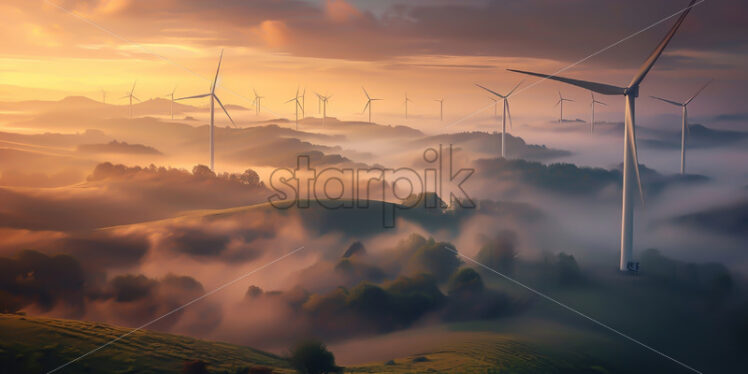 Wind turbines on a hill in autumn - Starpik Stock