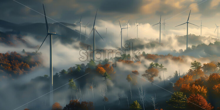 Wind turbines on a hill in autumn - Starpik Stock