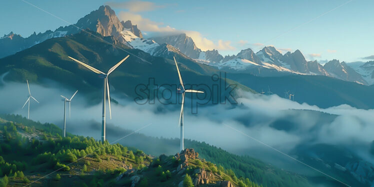 Wind turbines on a mountain in winter - Starpik Stock