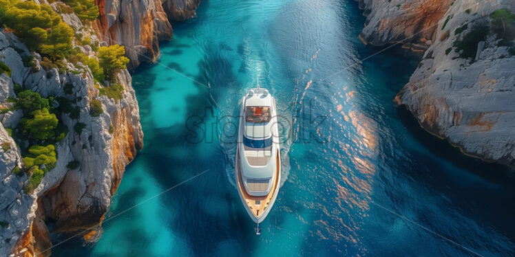 A ship sailing in beautiful sea with turquoise water top view - Starpik