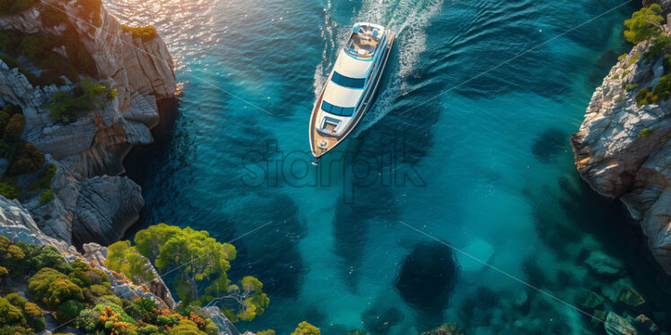 A ship sailing in beautiful sea with turquoise water top view - Starpik