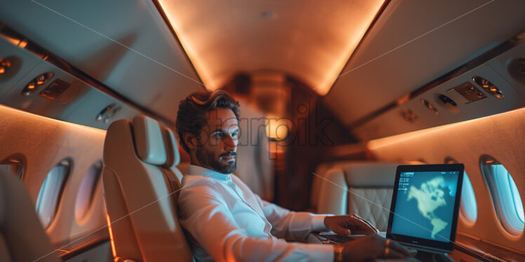 Business Man flying in a private jet and working at the computer - Starpik
