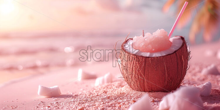 Coconut drink cocktail on a tropical pink beach, delicate summer banner - Starpik