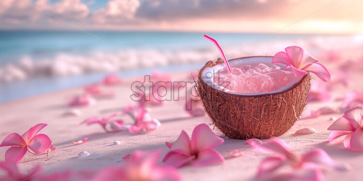 Coconut drink cocktail on a tropical pink beach, delicate summer banner - Starpik