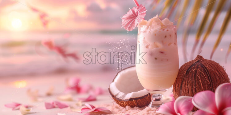 Coconut drink cocktail on a tropical pink beach, delicate summer banner - Starpik