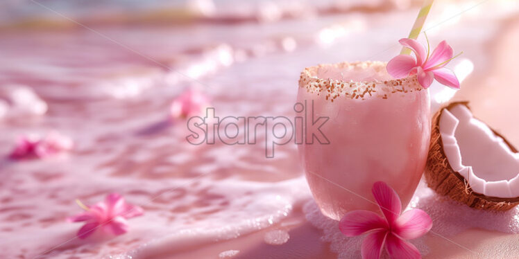 Coconut drink cocktail on a tropical pink beach, delicate summer banner - Starpik