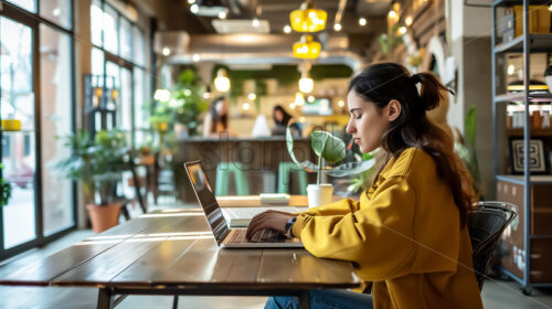 Collaborative Workspace Hub an individual working on a laptop in a vibrant co-working space, amidst innovative technology. - Starpik