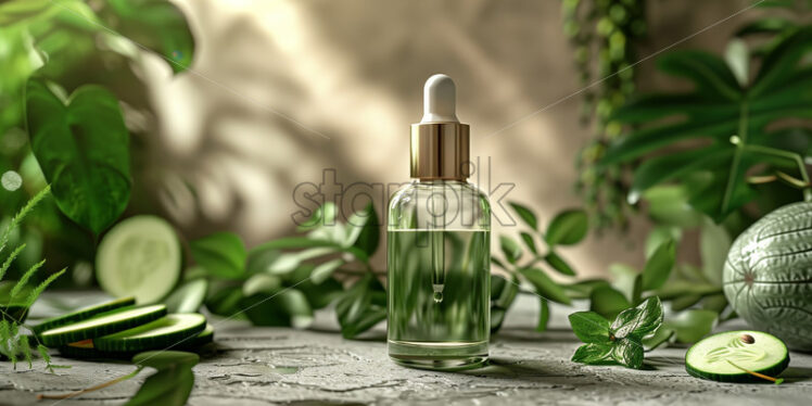 Cosmetic hydrating serum mock up banner with green leaves and cucumber  - Starpik