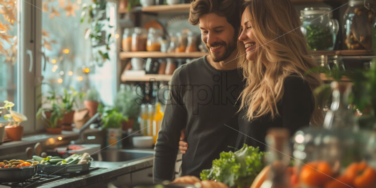 Couple in the kitchen preparing breakfast together - Starpik