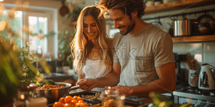 Couple in the kitchen preparing breakfast together - Starpik