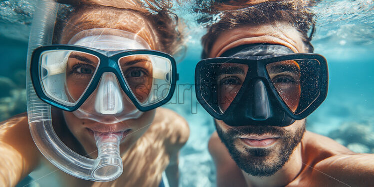 Couple snorkelling together underwater selfie - Starpik