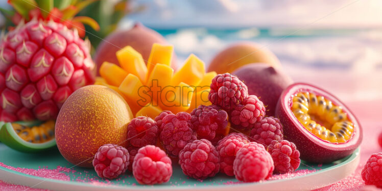 Exotic fruits on a pink tropical beach summer banner - Starpik