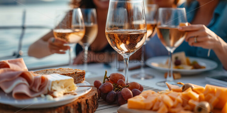 Friends drinking wine, having fun, summer evening yacht party - Starpik