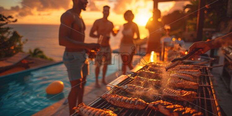 Friends having a pool party with bbq - Starpik