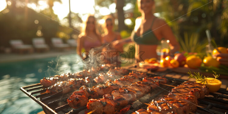 Friends having a pool party with bbq - Starpik