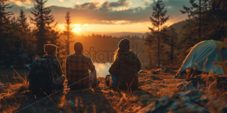 Friends hiking together at sunset - Starpik