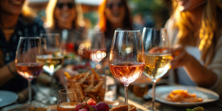 Friends socialising together, drinking wine outdoors - Starpik