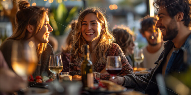 Friends socialising together, drinking wine outdoors - Starpik