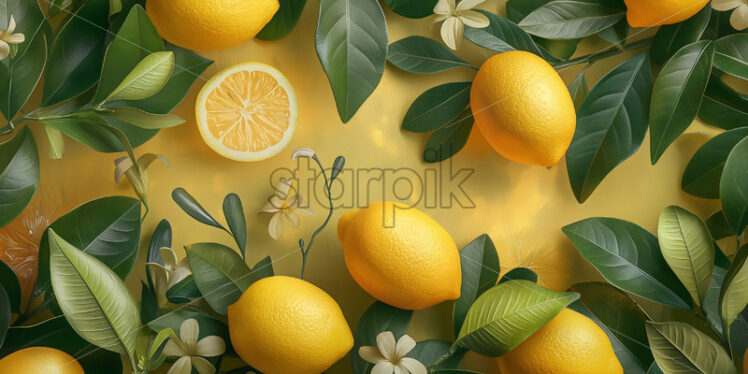 Lemons in bloom on a yellow summer background illustration - Starpik