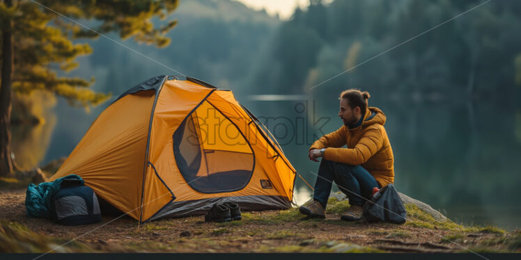 Man camping alone in a forest - Starpik