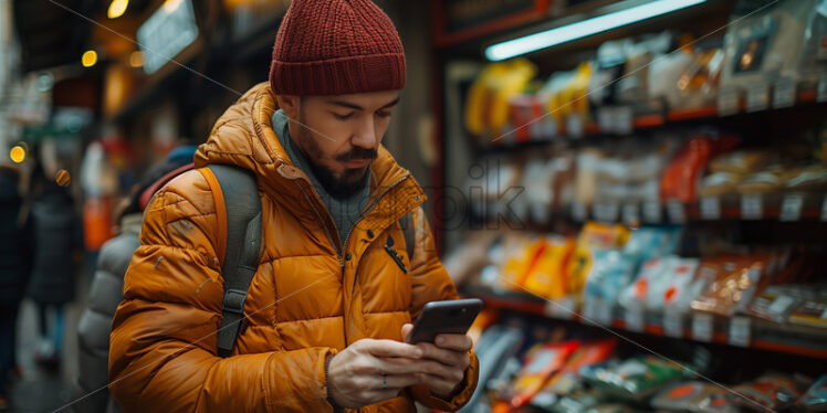 Man shopping for grocery and texting on a smart phone in a market store - Starpik