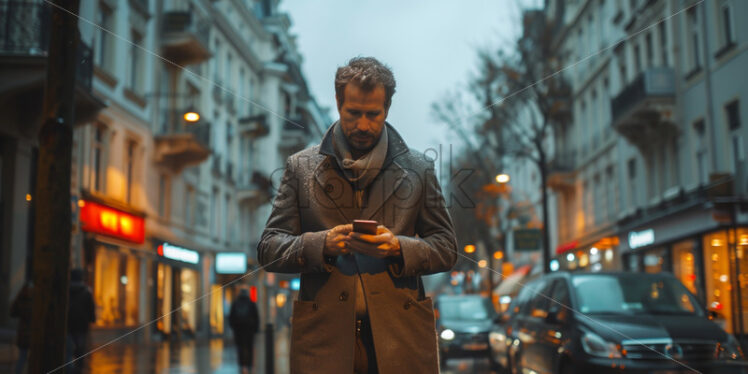 Man walking on the street while texting in the smart phone - Starpik