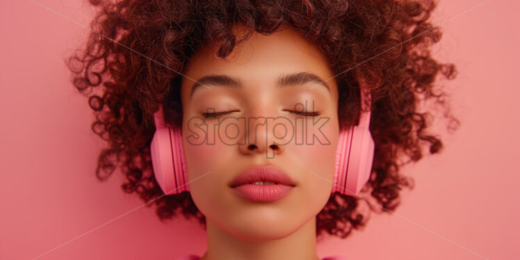 Modern woman listening to music in headphones, peach background - Starpik