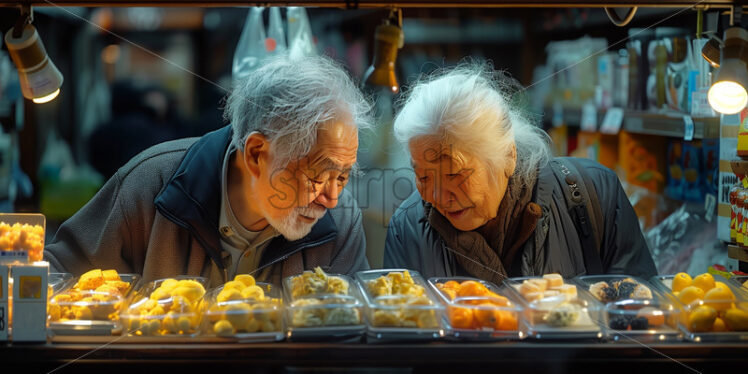 Old couple shopping for groceries in a store - Starpik
