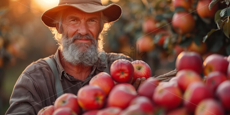 Old farmer proud with his apple harvest - Starpik