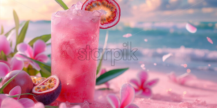 Passion fruit drink cocktail on a pink beach with sea view - Starpik