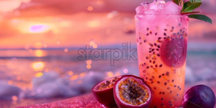 Passion fruit drink cocktail on a pink beach with sea view - Starpik