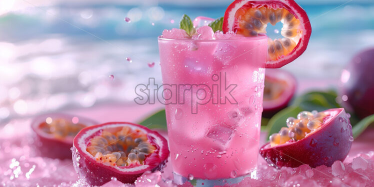 Passion fruit drink cocktail on a pink beach with sea view - Starpik