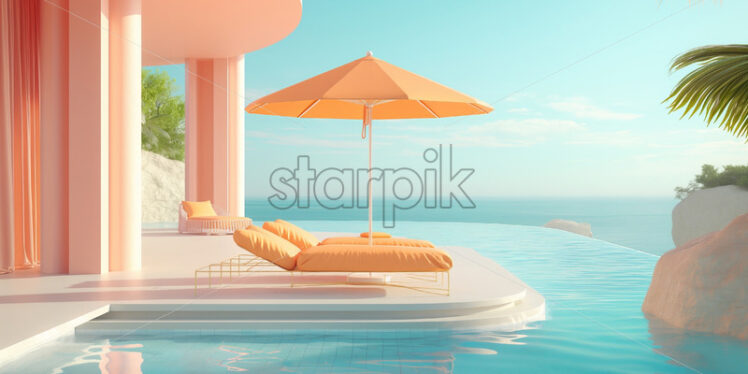 Pink sun beds at a cyan pool summer exotic banner - Starpik