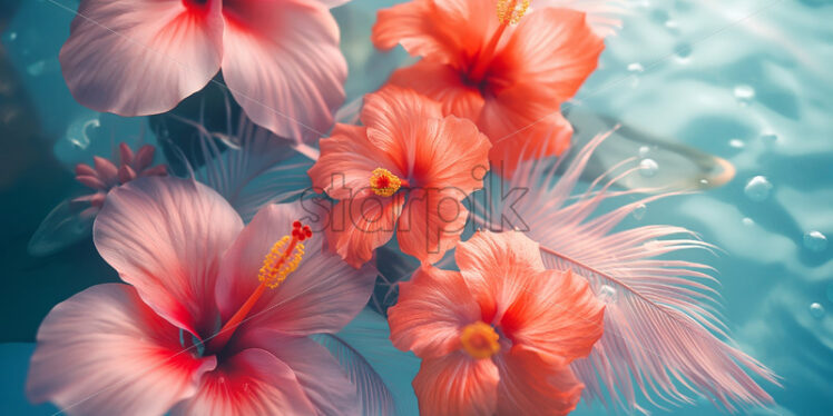 Tropic flowers and feathers on water - Starpik