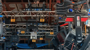 VIDEO Close up of studio lights equipment on the ceiling of a TV set - Starpik