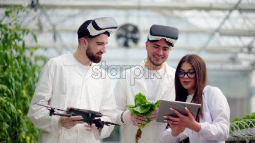 VIDEO Three laboratory technicians in white coats wearing Virtual Reality headsets, holding a drone and a tablet, analysing lettuce grown with the Hydroponic method in a greenhouse - Starpik