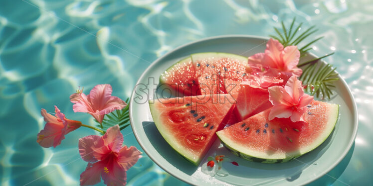 Watermelon slices by the pool summer background - Starpik