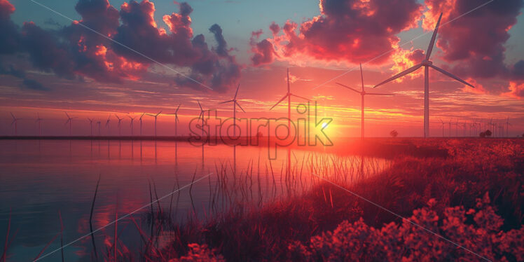 Wind turbines at sunset eco sustainable energy - Starpik