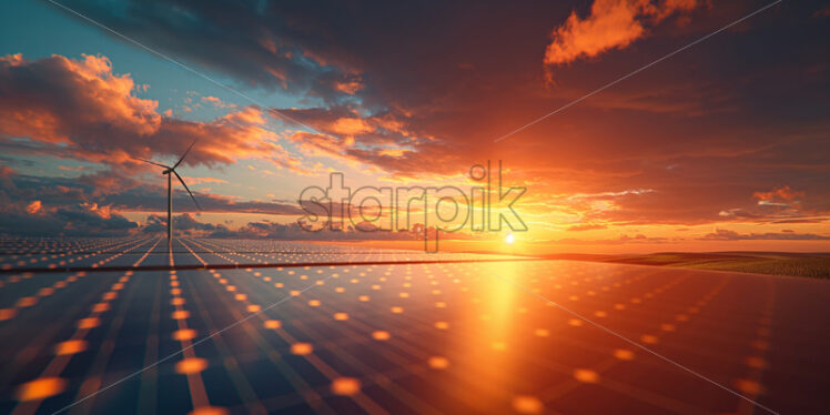 Windmills and solar panels at sunset sustainable energy - Starpik