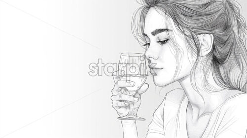 Woman drinking wine in crayon lines - Starpik