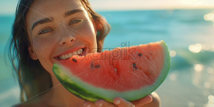 Woman eating juicy watermelon slices at the beach, summer banner - Starpik