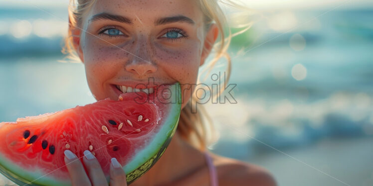 Woman eating juicy watermelon slices at the beach, summer banner - Starpik