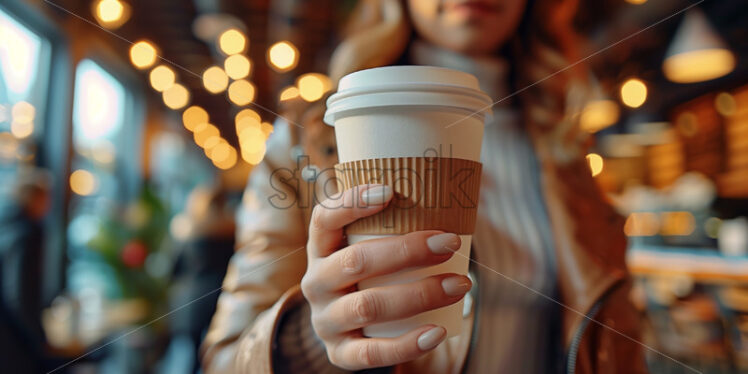 Woman holding coffee cup to go - Starpik