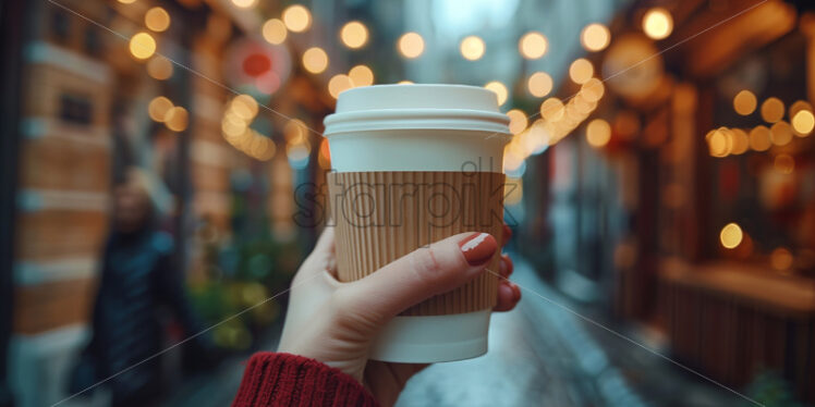 Woman holding coffee cup to go - Starpik