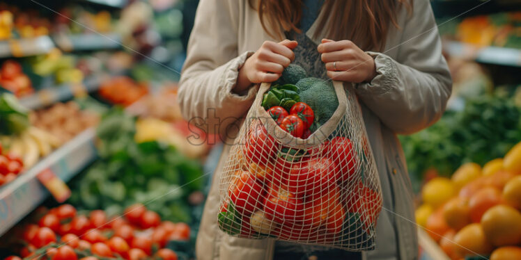 Woman holding groceries shopping bags sustainable eco  - Starpik