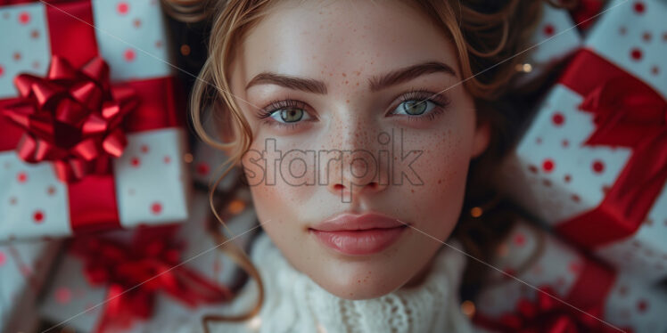 Woman in a pile of gifts portrait - Starpik