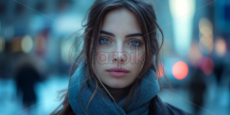 Woman portrait in a busy city fall season warm scarf - Starpik